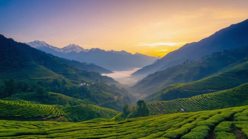 Darjeeling tea gardens landscape with lush green plantations in West Bengal
